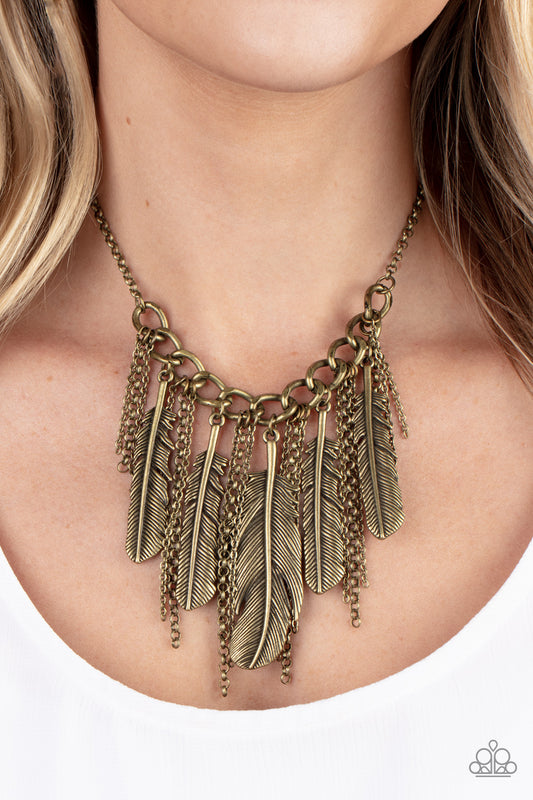 NEST Friends Forever Brass Necklace - Paparazzi Accessories  Infused with lifelike textures, an oversized assortment of brass feathers alternate with free-falling brass chains along a chunky section of brass chain, creating a free-spirited fringe. Features an adjustable clasp closure.  Sold as one individual necklace. Includes one pair of matching earrings.
