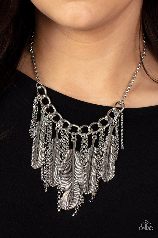 NEST Friends Forever Silver Necklace - Paparazzi Accessories  Infused with lifelike textures, an oversized assortment of silver feathers alternate with free-falling silver chains along a chunky section of silver chain, creating a free-spirited fringe. Features an adjustable clasp closure.  Sold as one individual necklace. Includes one pair of matching earrings.