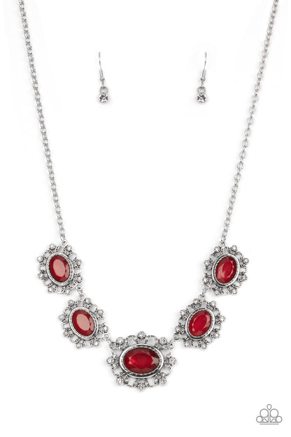 Meadow Wedding Red Necklace - Paparazzi Accessories  Dotted with glassy white rhinestones, leafy silver frames gather around glassy Fire Whirl gems as they link below the collar, creating a dreamy display. Features an adjustable clasp closure.  Featured inside The Preview at GLOW! Sold as one individual necklace. Includes one pair of matching earrings.