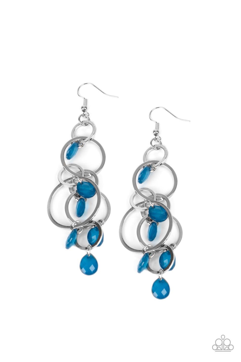 Dizzyingly Dreamy - Blue Item #P5WH-BLXX-245XX Opaque Mykonos Blue teardrops sporadically cascade from an assortment of mismatched silver links, resulting in a whimsically tasseled chandelier. Earring attaches to a standard fishhook fitting.  Sold as one pair of earrings.