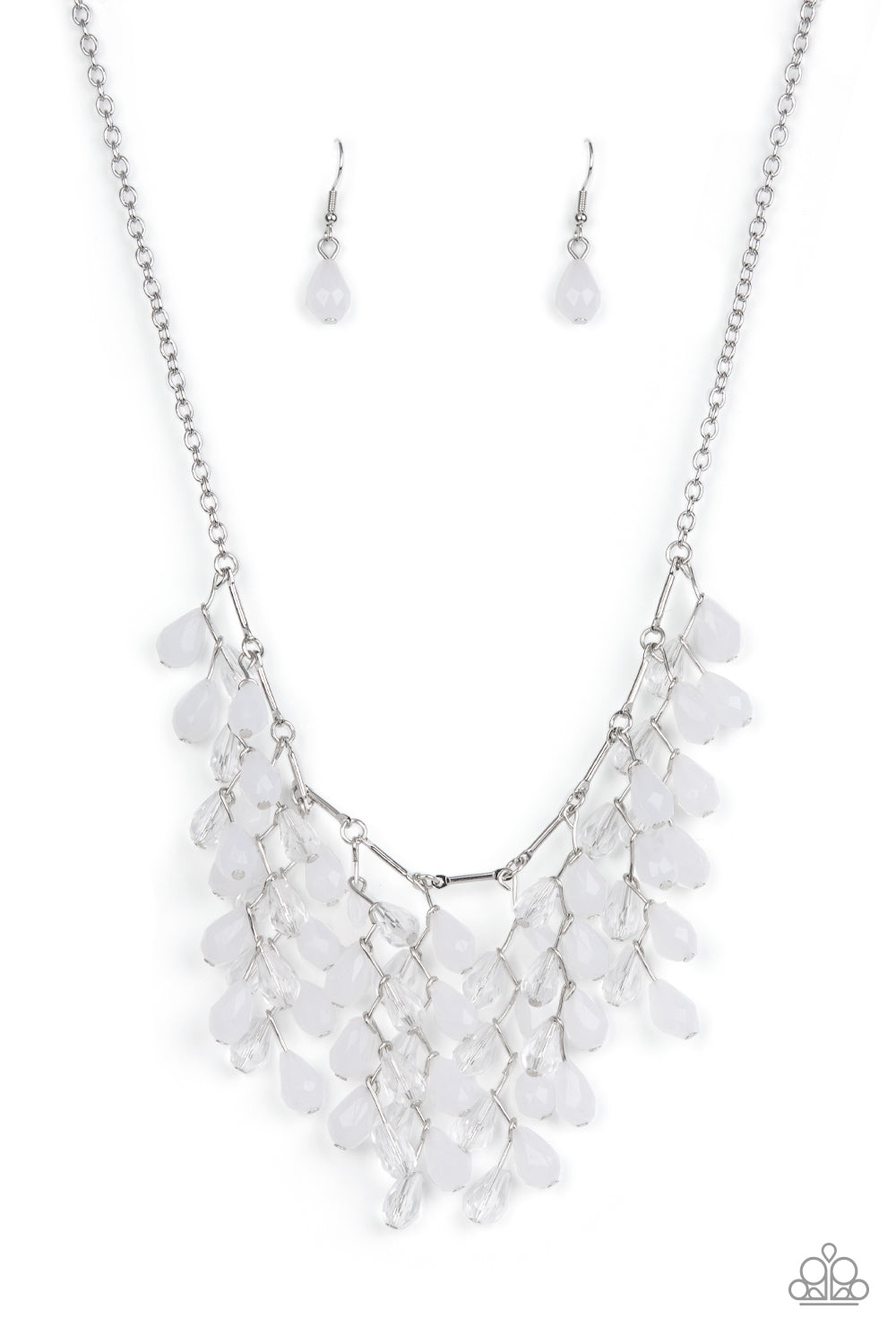 Garden Fairytale White Necklace - Paparazzi Accessories  A shimmery collection of opaque and clear crystal-like teardrop beads delicately cluster along a linked strand of silver bars, creating a frosty and leafy fringe below the collar. Features an adjustable clasp closure.  Sold as one individual necklace. Includes one pair of matching earrings.