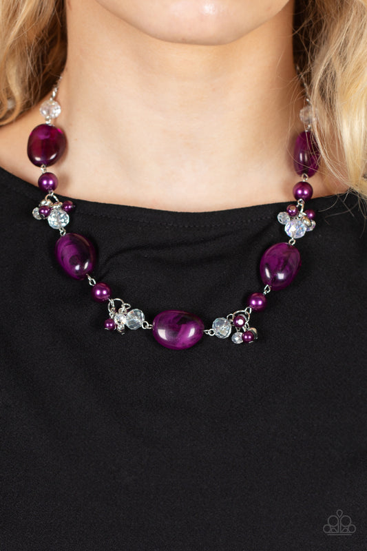 The Top TENACIOUS Purple Necklace - Paparazzi Accessories  Featuring a faux stone look, a refreshing collection of cloudy plum beads join bubbly plum pearls, and white crystal-like gems below the collar. Dainty clusters of plum pearls, flat silver beads, and white crystal-like gems adorn the display, adding effervescent movement to the whimsical scene. Features an adjustable clasp closure.  Sold as one individual necklace. Includes one pair of matching earrings.