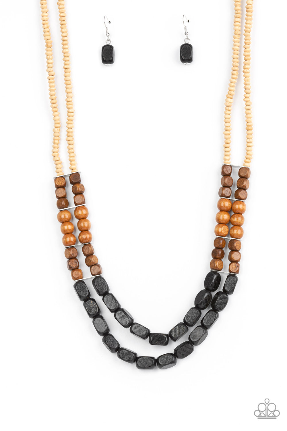 Bermuda Bellhop Black Wooden Necklace - Paparazzi Accessories  Varying in shape, size, and color, an earthy collection of white, brown, and black wooden beads are threaded along invisible wires across the chest, creating tropical inspired layers. Features an adjustable clasp closure.  Sold as one individual necklace. Includes one pair of matching earrings.