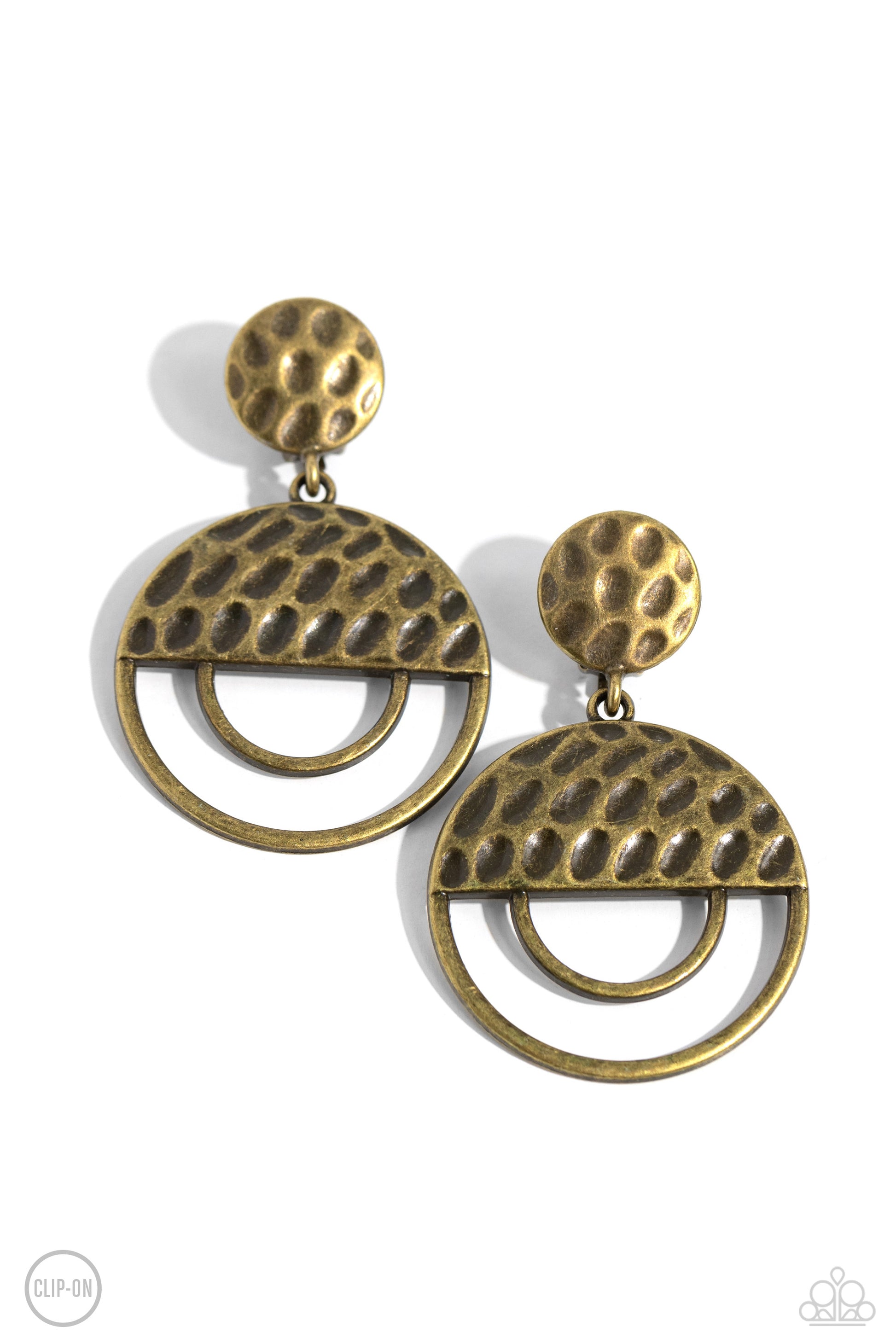 Southern Souvenir Brass Clip-On Earring - Paparazzi Accessories  A hammered brass disc gives way to a circular brass frame that is capped in a hammered half moon brass accent, resulting in a rustic lure. Earring attaches to a standard clip-on fitting.  Sold as one pair of clip-on earrings.  Sku:  P5CO-BRXX-029XX