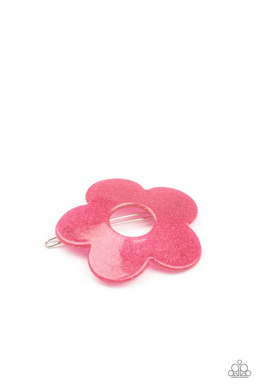 Flower Child Garden Pink Hair Clip - Paparazzi Accessories  Dusted in dainty pink sparkles, a glittery pink floral frame pulls back the hair for a playful finish. Features a clamp barrette closure.  Sold as one individual barrette.