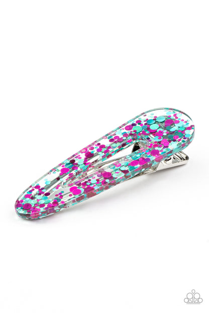 Wish Upon a Sequin Pink Hair Clip - Paparazzi Accessories  A glittery collection of pink and blue sequins sparkle inside a clear acrylic frame, creating a glitzy display. Features a standard hair clip on the back.  Sold as one individual hair clip.