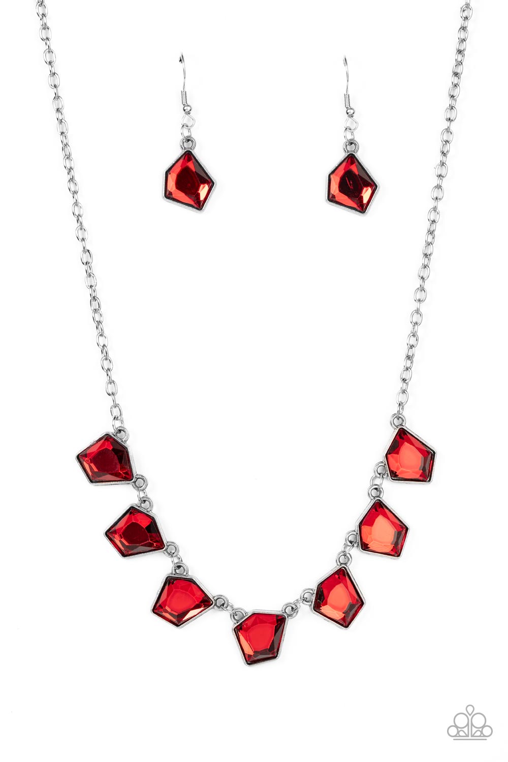 Experimental Edge Red Necklace - Paparazzi Accessories  Featuring a fiery red finish, imperfect geometric gems delicately link below the collar for an edgy pop of glitz. Features an adjustable clasp closure.  Sold as one individual necklace. Includes one pair of matching earrings.