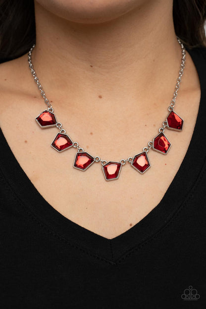 Experimental Edge Red Necklace - Paparazzi Accessories  Featuring a fiery red finish, imperfect geometric gems delicately link below the collar for an edgy pop of glitz. Features an adjustable clasp closure.  Sold as one individual necklace. Includes one pair of matching earrings.