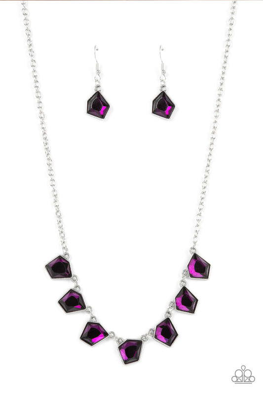 Experimental Edge Purple Necklace - Paparazzi Accessories  Featuring a flashy faceted finish, imperfect purple gems delicately link below the collar for an edgy pop of glitzy iridescence. Features an adjustable clasp closure.  Sold as one individual necklace. Includes one pair of matching earrings.
