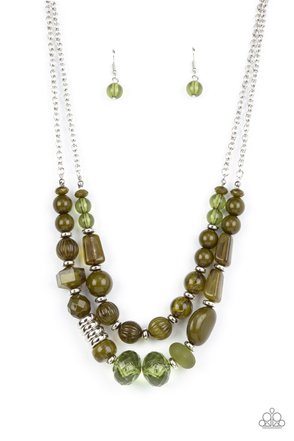 Pina Colada Paradise Green Necklace - Paparazzi Accessories  Varying in shape, size, and opacity, a refreshing collection of Olive Branch acrylic and crystal-like beads join silver discs along invisible wires that flawlessly layer below the collar for an earthy pop of color. Features an adjustable clasp closure.  Sold as one individual necklace. Includes one pair of matching earrings.