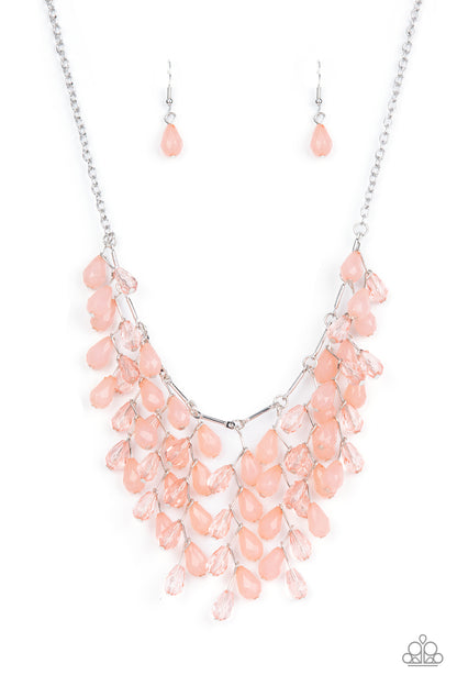 Garden Fairytale - Pink Item #P2ST-PKXX-107XX A shimmery collection of opaque and clear crystal-like Pale Rosette teardrop beads delicately cluster along a linked strand of silver bars, creating an ethereally leafy fringe below the collar. Features an adjustable clasp closure.  Sold as one individual necklace. Includes one pair of matching earrings.