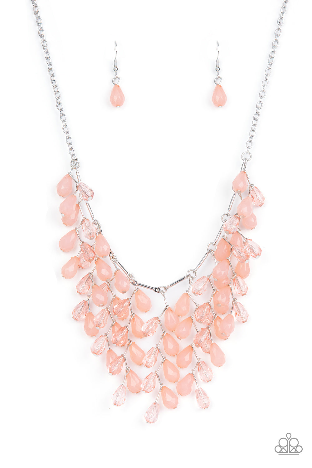 Garden Fairytale - Pink Item #P2ST-PKXX-107XX A shimmery collection of opaque and clear crystal-like Pale Rosette teardrop beads delicately cluster along a linked strand of silver bars, creating an ethereally leafy fringe below the collar. Features an adjustable clasp closure.  Sold as one individual necklace. Includes one pair of matching earrings.