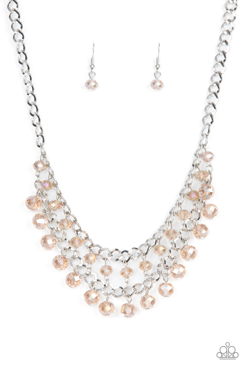 Urban Palace - Brown Item #P2ST-BNXX-069XX Flecked in iridescence, two rows of brown crystal-like beads cascade from the bottom of two interlocking silver chains, resulting in a radiant fringe below the collar. Features an adjustable clasp closure.  Sold as one individual necklace. Includes one pair of matching earrings.