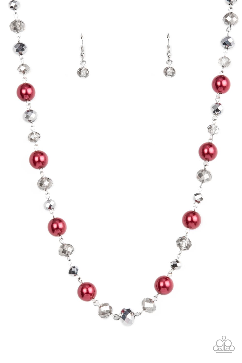 Decked Out Dazzle Red Necklace - Paparazzi Accessories  A glamorous collection of oversized pearly red beads, metallic-flecked and smoky crystal-like beads delicately links below the collar, resulting a glitzy pop of color. Features an adjustable clasp closure.  Sold as one individual necklace. Includes one pair of matching earrings.