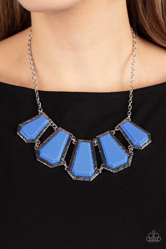 Stellar Heiress Blue Necklace - Paparazzi Accessories  Encased in hammered silver fittings, trapezoidal blue acrylic frames delicately fan out below the collar for a dramatic pop of color. Features an adjustable clasp closure.  Sold as one individual necklace. Includes one pair of matching earrings.