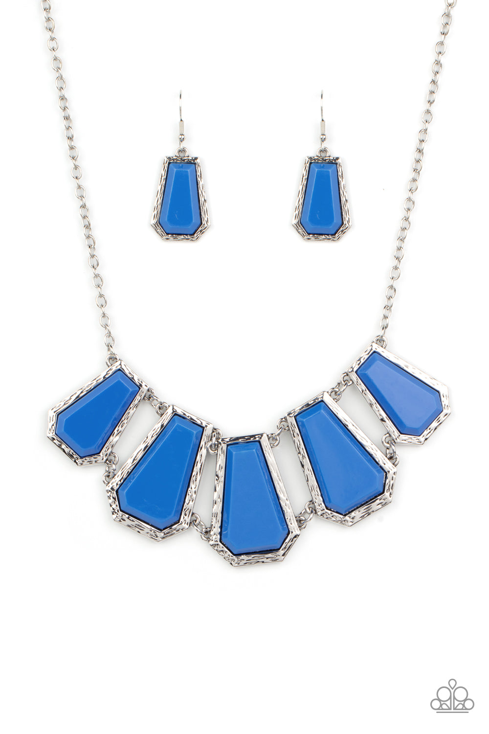 Stellar Heiress Blue Necklace - Paparazzi Accessories  Encased in hammered silver fittings, trapezoidal blue acrylic frames delicately fan out below the collar for a dramatic pop of color. Features an adjustable clasp closure.  Sold as one individual necklace. Includes one pair of matching earrings.