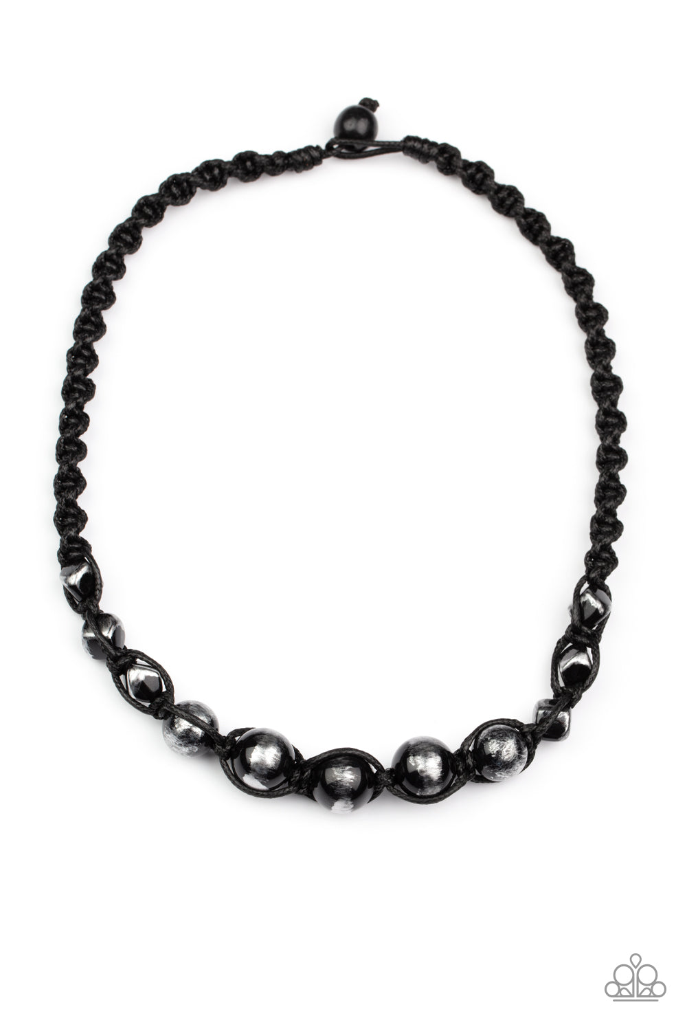 Loose Cannon Black Urban Necklace - Paparazzi Accessories  Brushed in shiny black accents, a gritty collection of faceted and round silver beads are knotted in place with braided black cording below the collar for an urban flair. Features a button loop closure.  Sold as one individual necklace.