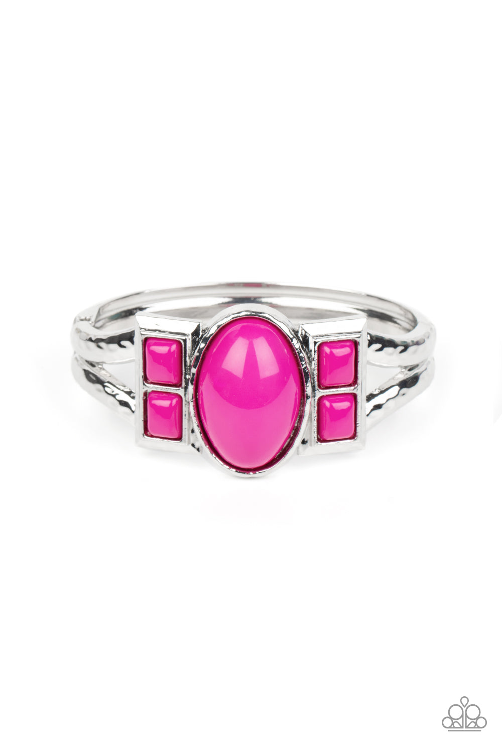 A Touch of Tiki Pink Hinge Bracelet - Paparazzi Accessories  An oversized oval Fuchsia Fedora bead is flanked by pairs of stacked Fuchsia Fedora square beads across the center of a hammered silver bangle-like bracelet, creating a bold pop of color atop the wrist. Features a hinged closure.  Sold as one individual bracelet.