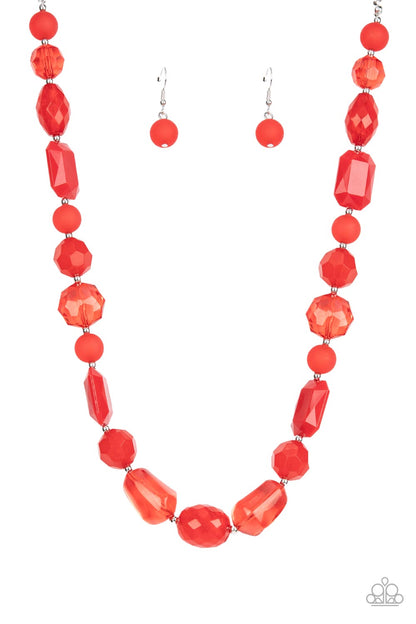 Here Today, GONDOLA Tomorrow Red Necklace - Paparazzi Accessories  Varying in shape and opacity, a mismatched display of acrylic, opaque, and crystal-like red beads alternate with dainty silver beads across the chest for a prismatic pop of color. Features an adjustable clasp closure.  Sold as one individual necklace. Includes one pair of matching earrings.