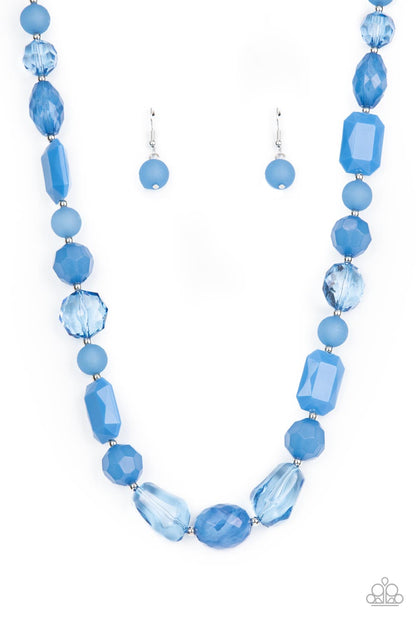 Here Today, GONDOLA Tomorrow Blue Necklace - Paparazzi Accessories  Varying in shape and opacity, a mismatched display of acrylic, opaque, and crystal-like blue beads alternate with dainty silver beads across the chest for a prismatic pop of color. Features an adjustable clasp closure.  Sold as one individual necklace. Includes one pair of matching earrings.