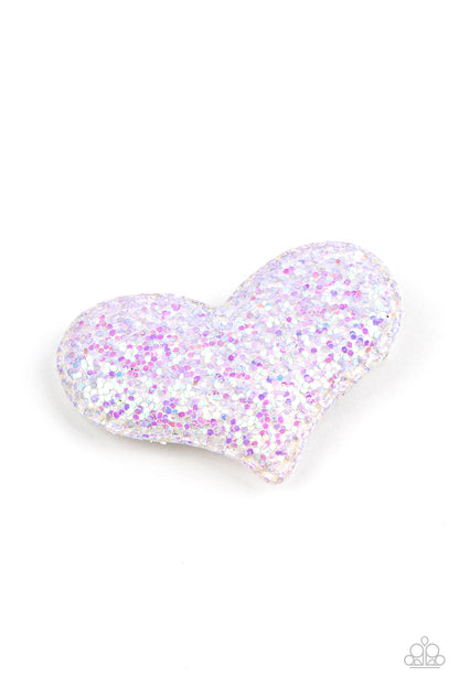 Rainbow Love Multi Hair Clip - Paparazzi Accessories  A puffy purple heart frame is dusted in iridescent sparkles, creating a flirtatious centerpiece. Features a standard hair clip on the back.  Sold as one individual hair clip.