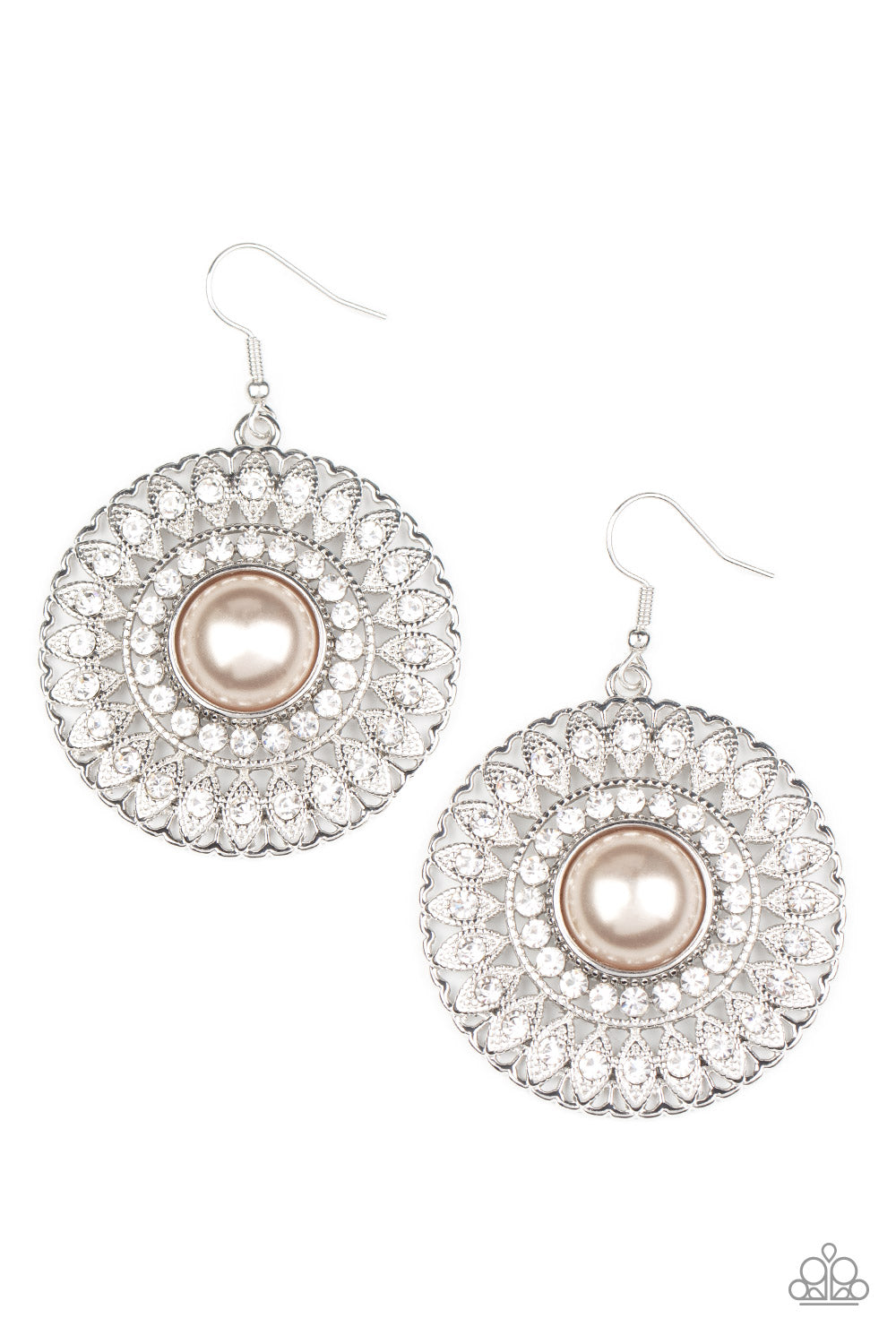 Glorified Glitz - Brown Item #P5RE-BNXX-132XX White rhinestone dotted silver petals fan out from a brown pearl dotted center, resulting in a radiant centerpiece. Earrings attach to a standard fishhook fitting.  Sold as one pair of earrings.