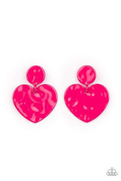 Just a Little Crush Pink Post Earring - Paparazzi Accessories  Painted in a glossy Fuchsia Fedora finish, a hammered disc gives way to a hammered heart frame for a flirtatious fashion. Earring attaches to a standard post fitting.  Sold as one pair of post earrings.