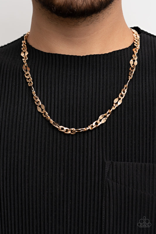 G.O.A.T Gold Urban Necklace - Paparazzi Accessories  A classic strand of gold curb chain is interrupted with flattened gold links, creating an edgy urban display across the chest. Features an adjustable clasp closure.  Sold as one individual necklace.
