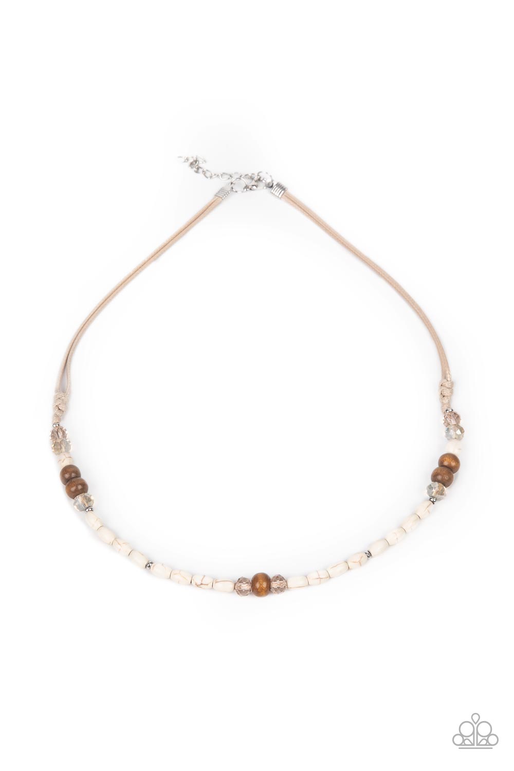 Groundbreaking Glamour Brown Urban Necklace - Paparazzi Accessories  An earthy assortment of brown wooden, white stone, and crystal-like beads are knotted in place along the bottom of shiny cording below the collar for a naturally beautiful finish. Features an adjustable clasp closure.  Sold as one individual necklace.