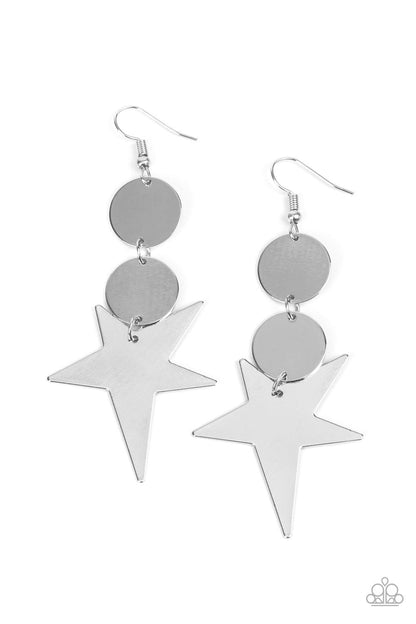 Star Bizarre Silver Earring - Paparazzi Accessories  An asymmetrical silver star radiates from two linked flat silver discs, resulting in a stellar lure. Earring attaches to a standard fishhook fitting.  Sold as one pair of earrings.