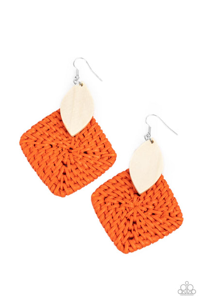 Sabbatical WEAVE Orange Earring - Paparazzi Accessories  A leaf shaped white wooden frame delicately overlaps with an intricately woven orange wicker-like frame, creating a vivacious pop of color. Earring attaches to a standard fishhook fitting.  Sold as one pair of earrings.