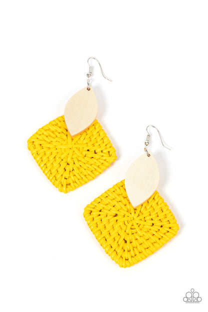 Sabbatical WEAVE Yellow Earring - Paparazzi Accessories  A leaf shaped white wooden frame delicately overlaps with an intricately woven Illuminating wicker-like frame, creating a sunny pop of color. Earring attaches to a standard fishhook fitting.  Sold as one pair of earrings.
