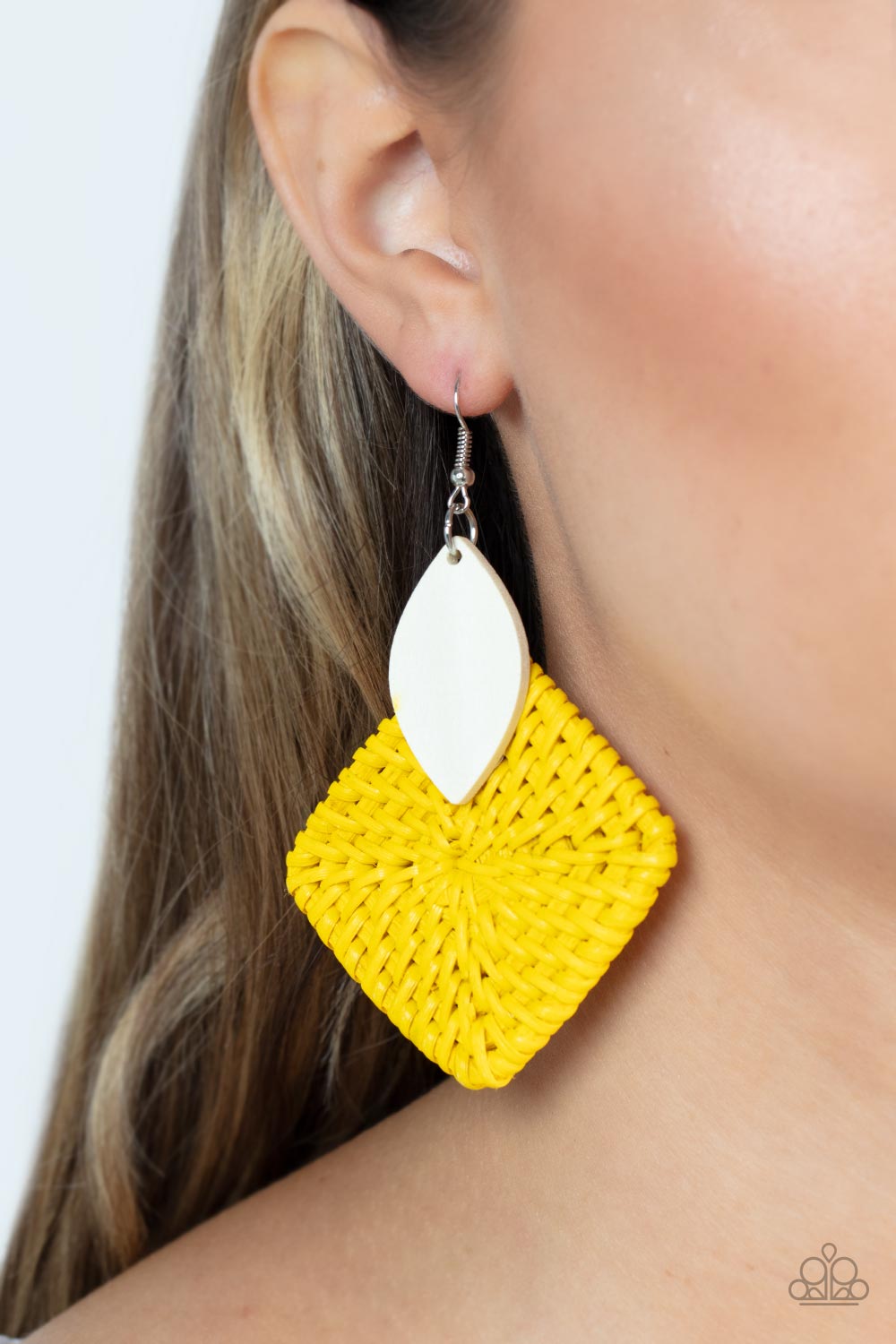 Sabbatical WEAVE Yellow Earring - Paparazzi Accessories  A leaf shaped white wooden frame delicately overlaps with an intricately woven Illuminating wicker-like frame, creating a sunny pop of color. Earring attaches to a standard fishhook fitting.  Sold as one pair of earrings.