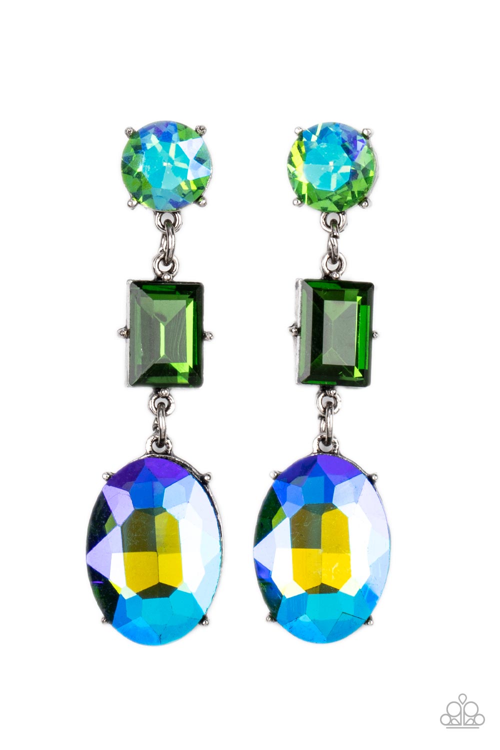 Extra Envious Green UV Earring - Paparazzi Accessories  Featuring flashy UV iridescent finishes, a classic round green, emerald cut green, and blue oval gem glamorously link into a jaw-dropping lure. Earring attaches to a standard post fitting.  Sold as one pair of post earrings.