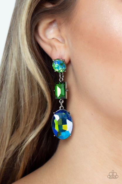 Extra Envious Green UV Earring - Paparazzi Accessories  Featuring flashy UV iridescent finishes, a classic round green, emerald cut green, and blue oval gem glamorously link into a jaw-dropping lure. Earring attaches to a standard post fitting.  Sold as one pair of post earrings.