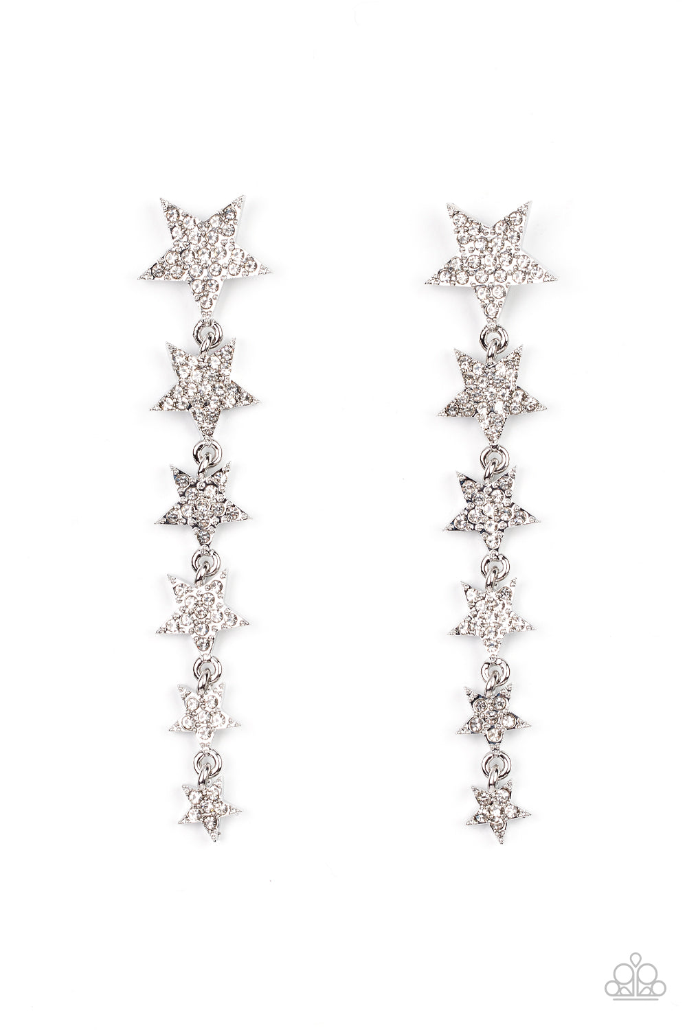 Americana Attitude White Rhinestone Star Post Earring - Paparazzi Accessories  Dotted with dainty white rhinestones, a stellar collection of silver stars graduate in size as they cascade from the ear for an out-of-this-world fashion. Earring attaches to a standard post fitting.  Featured inside The Preview at GLOW! Sold as one pair of post earrings.  New KitNew Kit