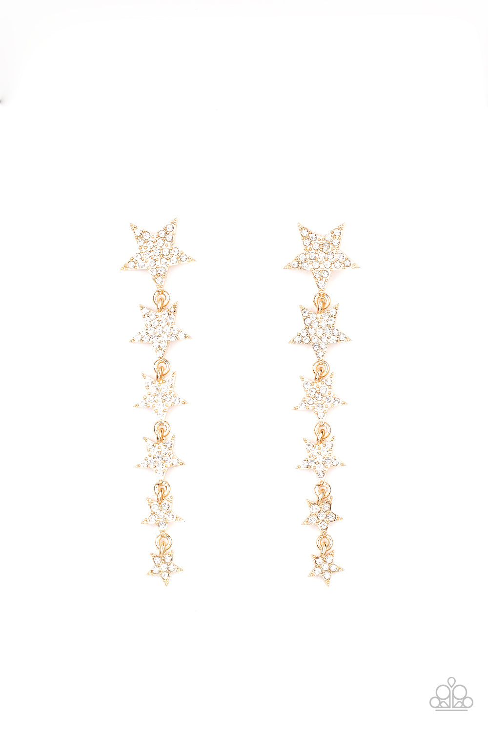 Americana Attitude Gold Star Earring - Paparazzi Accessories   Dotted with dainty white rhinestones, a stellar collection of gold stars graduate in size as they cascade from the ear for an out-of-this-world fashion. Earring attaches to a standard post fitting.  Sold as one pair of post earrings.