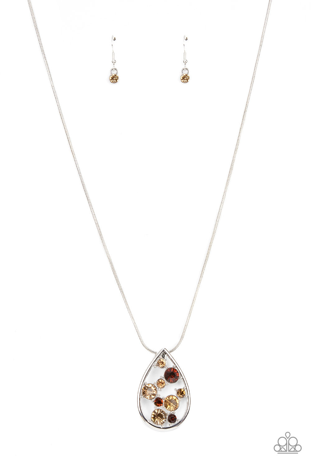 Seasonal Sophistication - Brown Item #P2RE-BNXX-277XX A bubbly collection of classic and golden topaz rhinestones coalesce inside an airy silver teardrop, resulting in an effervescently elegant pendant at the bottom of a rounded silver snake chain. Features an adjustable clasp closure.  Sold as one individual necklace. Includes one pair of matching earrings.