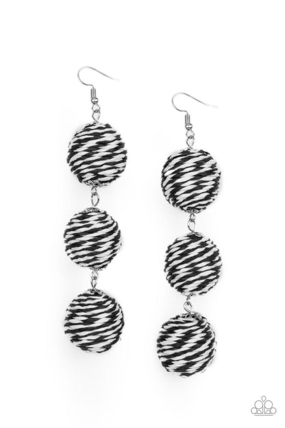 Laguna Lanterns Black Earring - Paparazzi Accessories  A woven collection of black and white crepe-like strings ornately wraps around three hanging beads, reminiscent of decorative party lanterns. Earring attaches to a standard fishhook fitting.  Sold as one pair of earrings.