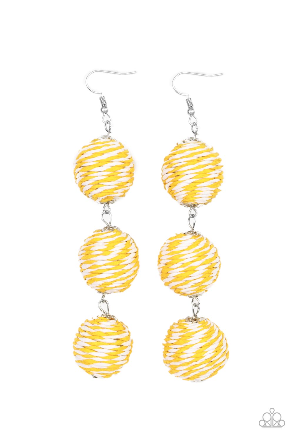 Laguna Lanterns Yellow Earring - Paparazzi Accessories  A woven collection of Illuminating and white crepe-like strings ornately wraps around three hanging beads, reminiscent of decorative party lanterns. Earring attaches to a standard fishhook fitting.  Sold as one pair of earrings.
