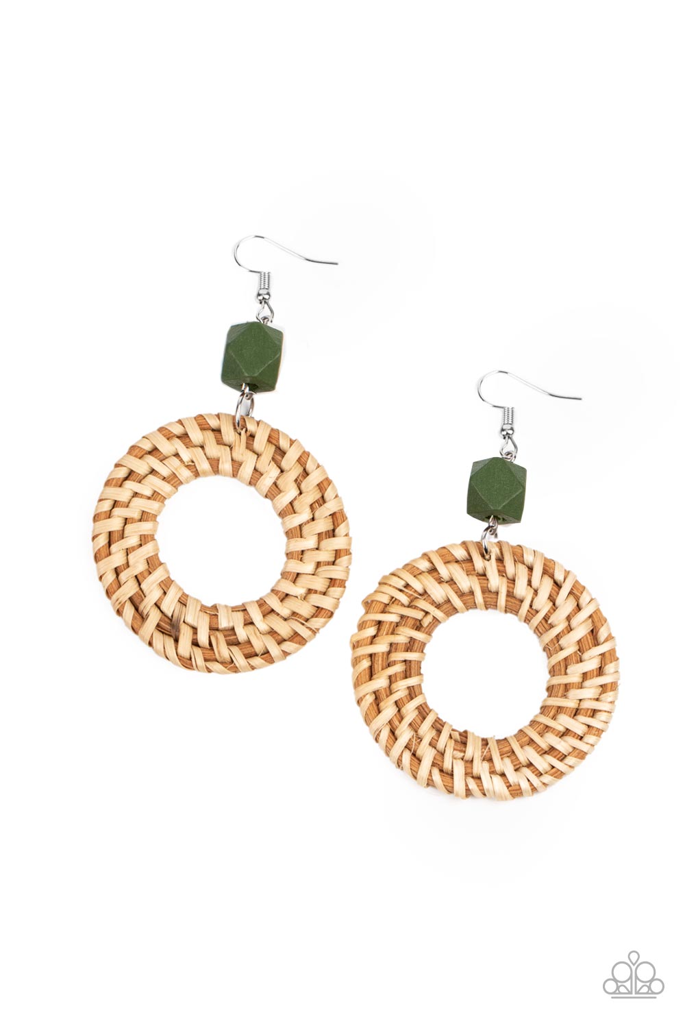Wildly Wicker Green Wooden Earring - Paparazzi Accessories  A wicker-like hoop swings from the bottom of a faceted Olive Branch wooden bead, adding an earthy twist to the trendy homespun trinket. Earring attaches to a standard fishhook fitting.  Sold as one pair of earrings.