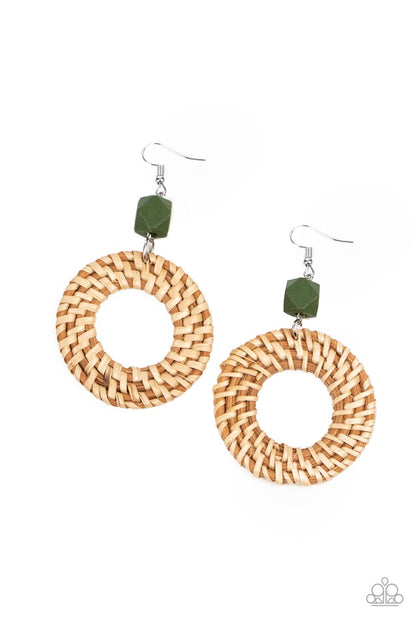 Wildly Wicker Green Wooden Earring - Paparazzi Accessories  A wicker-like hoop swings from the bottom of a faceted Olive Branch wooden bead, adding an earthy twist to the trendy homespun trinket. Earring attaches to a standard fishhook fitting.  Sold as one pair of earrings.