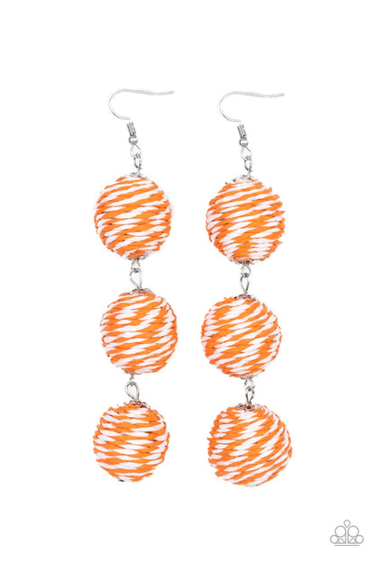 Laguna Lanterns Orange Earring - Paparazzi Accessories  A woven collection of orange and white crepe-like strings ornately wraps around three hanging beads, reminiscent of decorative party lanterns. Earring attaches to a standard fishhook fitting.  Sold as one pair of earrings.