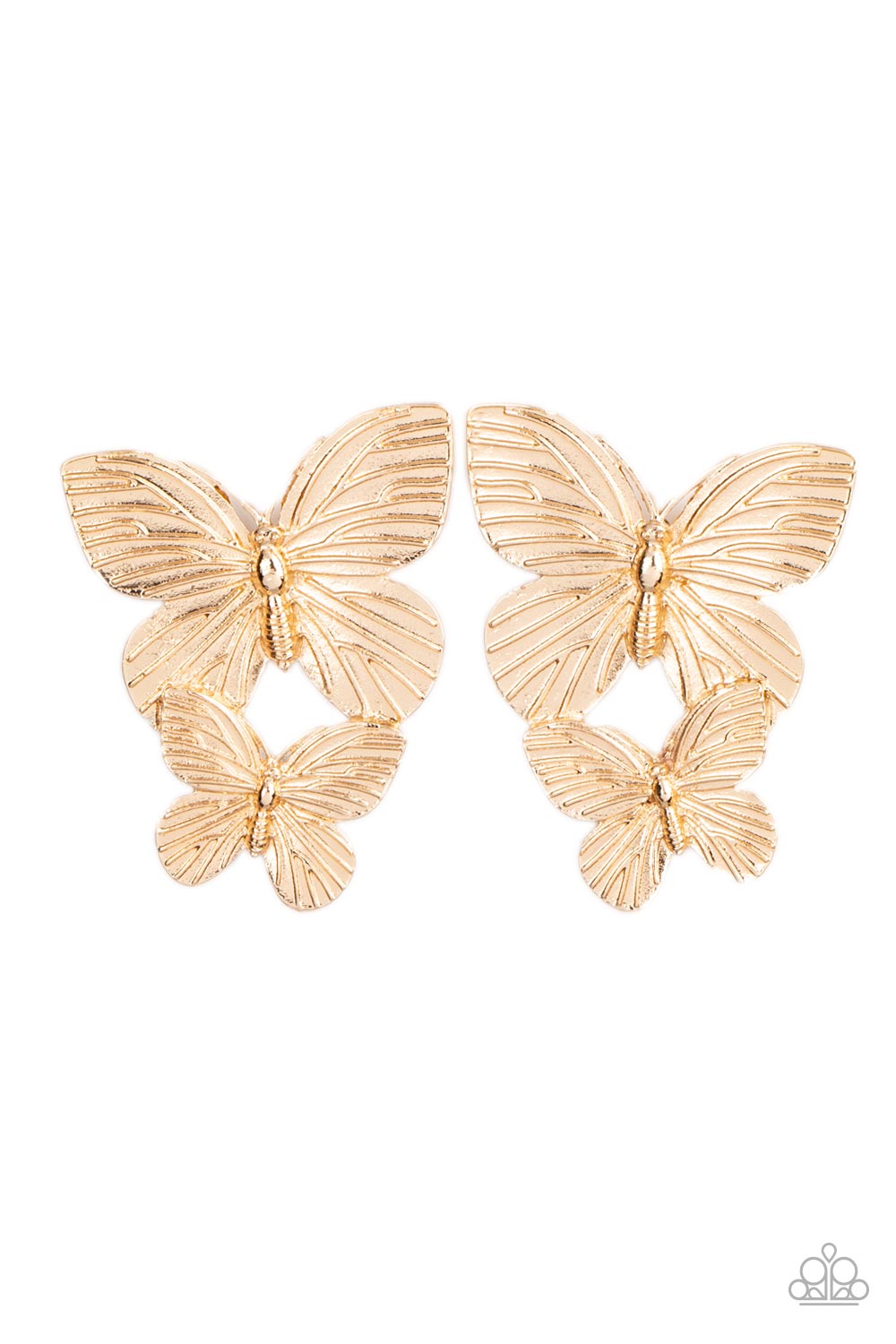 Blushing Butterflies Gold Earring - Paparazzi Accessories  Veined with lifelike textures, a pair of golden butterflies flutters from the ear for a whimsical fashion. Earring attaches to a standard post fitting.  Sold as one pair of post earrings.