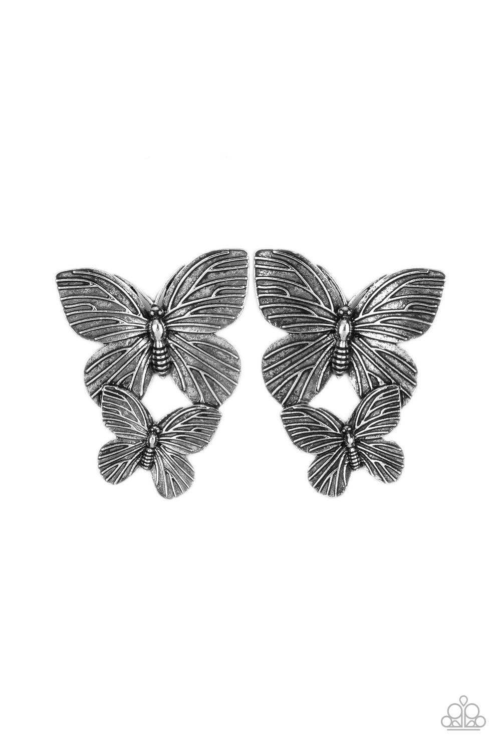 Blushing Butterflies Silver Earring - Paparazzi Accessories  Veined with lifelike textures, a pair of rustic silver butterflies flutters from the ear for a whimsical fashion. Earring attaches to a standard post fitting.  Sold as one pair of post earrings.