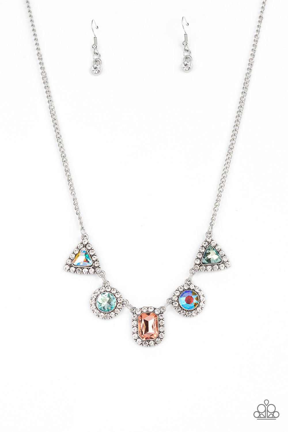 Posh Party Avenue Multi Necklace - Paparazzi Accessories  Featuring triangular, round, and emerald style cuts, an iridescent collection of multicolored rhinestones are bordered in glassy white rhinestones as they delicately link below the collar for a sparkly statement. Features an adjustable clasp closure.  Sold as one individual necklace. Includes one pair of matching earrings.