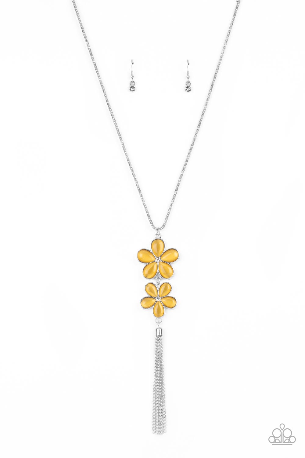 Perennial Powerhouse - Yellow Item #P2WH-YWXX-269XX Dotted with dainty white rhinestone centers, a pair of yellow cat's eye petaled flowers swing from the bottom of an extended silver popcorn chain. A silver chain tassel swings from the bottom of the enchanting display, adding playful movement to the floral centerpiece. Features an adjustable clasp closure.  Sold as one individual necklace. Includes one pair of matching earrings.