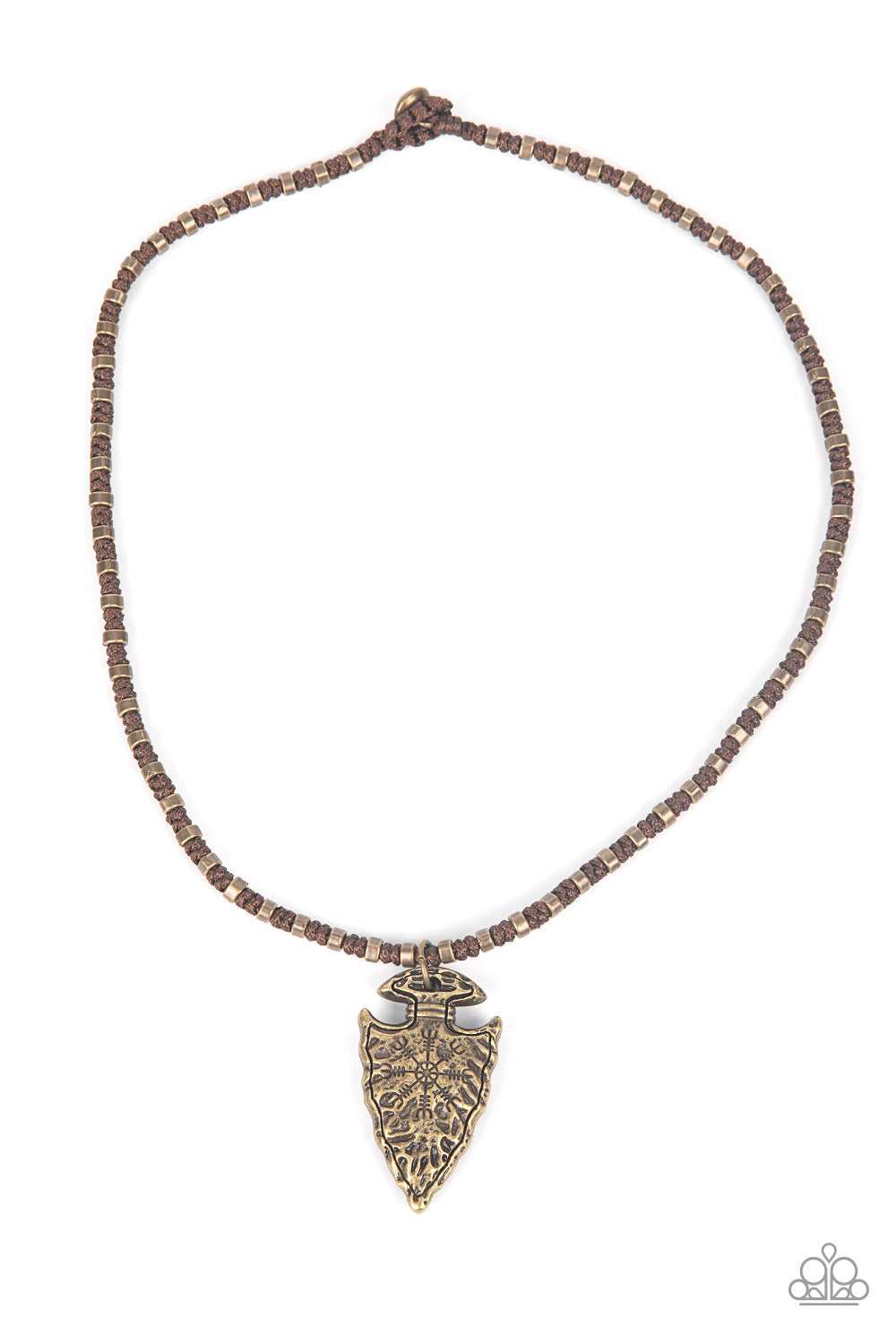 Get Your ARROWHEAD in the Game Brass Urban Necklace - Paparazzi Accessories  Dainty brass accents are knotted in place along a braided brown cord below the collar. Stamped and hammered in tribal inspired patterns, a rustic brass arrowhead pendant swings form the earthy display for an authentic finish. Features a button loop closure.  Sold as one individual necklace.
