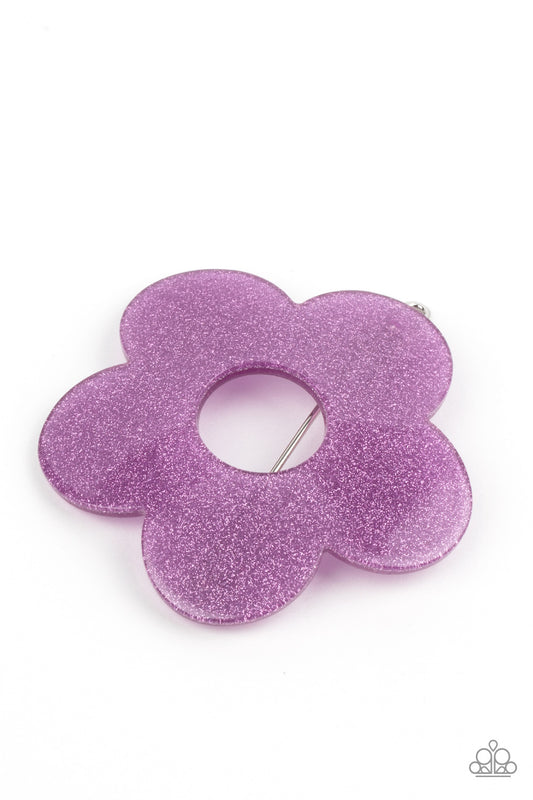 Flower Child Garden Purple Hair Clip - Paparazzi Accessories  Dusted in dainty purple sparkles, a glittery purple floral frame pulls back the hair for a playful finish. Features a clamp barrette closure.  Sold as one individual barrette.