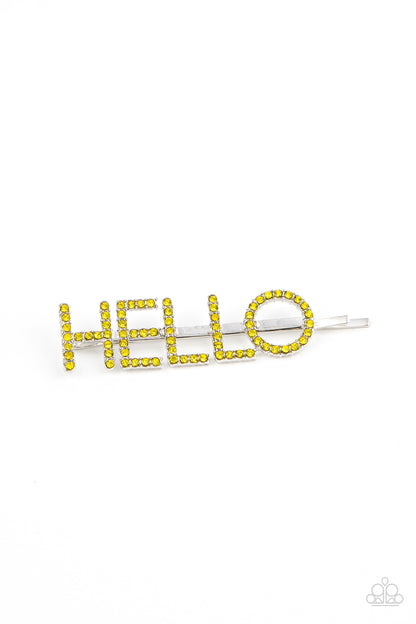 Hello There Yellow Hair Clip - Paparazzi Accessories  Encrusted in glittery Illuminating rhinestones, the word, "Hello," is spelled out across the front of a classic silver bobby pin for a charming look.  Sold as one individual decorative bobby pin.